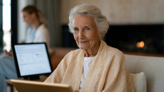 Elderly woman in a luxury assisted-living apartment reviews her personalized wellness program portal on a large-format tablet, daily activity goals, sleep quality scores, and nutritional compliance 