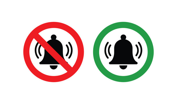 Notification alert enable and disable signs with bell silhouette in red and green circle.
