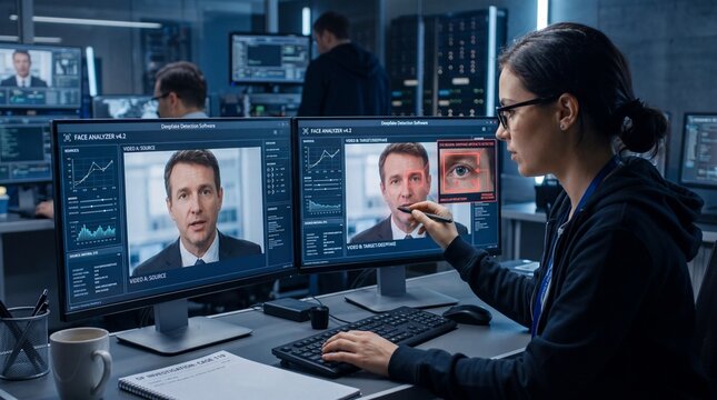 Cybersecurity Expert Analyzing Deepfake Video with AI Software