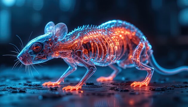 Sci-Fi Rat Anatomy: Digital Illustration of an Illuminated Anatomical Model of a Rodent with Detailed Internal Structures