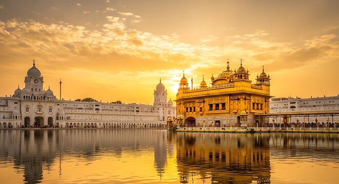 Golden temple sikh shrine reflecting in water during sunset