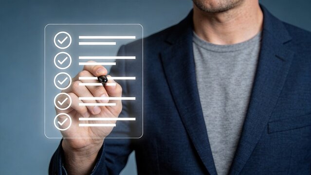 Man marking checklist on virtual screen, completing tasks and goals, business planning strategy concept, checking boxes for project management workflow efficiency