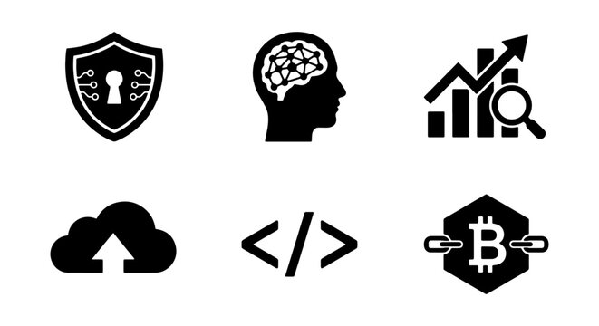 Cyber Security Shield, AI Brain, Financial Growth Chart, Cloud Upload, Coding Symbols, Bitcoin Blockchain Icons