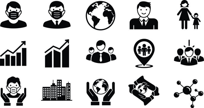 Business people wearing face masks and related icons