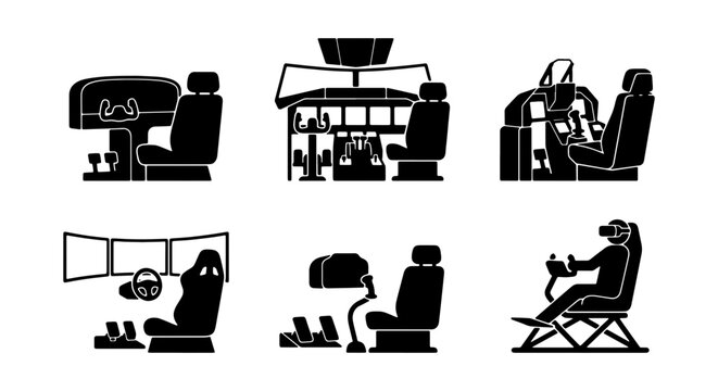 Simulation Cockpits, Gaming Chairs, VR Setups: Vector Icons for Racing, Flight, and Immersive Experiences