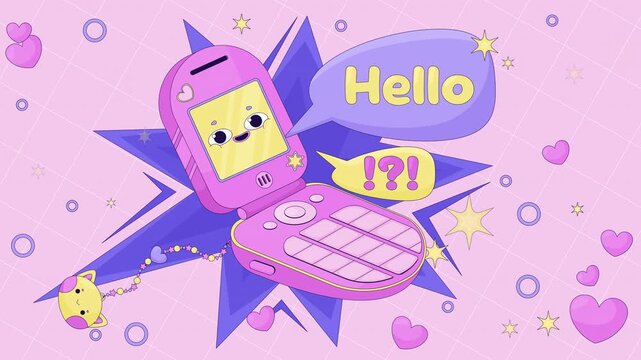 Kawaii pink Y2K flip phone with hello message lofi animation. Retro tech vibe. Cute 2000s mobile with beaded charm. Lo Fi aesthetic animated background 4K video. 2D cartoon nostalgic live wallpaper