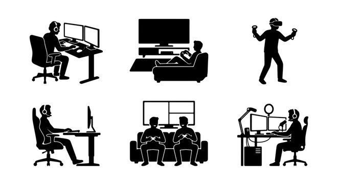 Gaming Icons Set, Gamer Lifestyle Vector Graphics, Virtual Reality VR Player, Computer Setup, Entertainment Collection