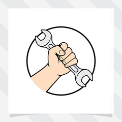 Fototapeta premium Hand holding Wrench icon logo vector. repair tool equipment.