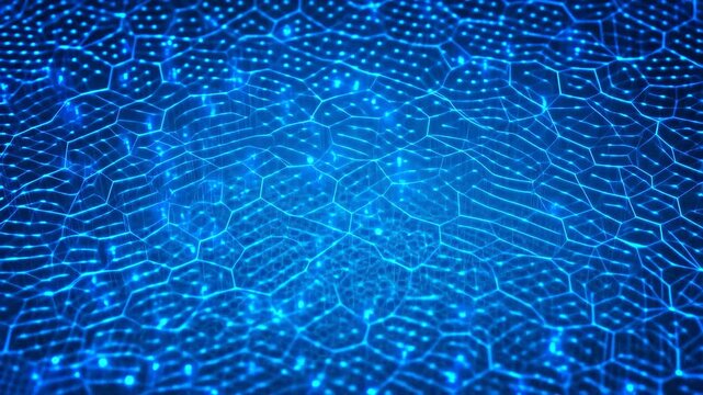 Abstract blue glowing hexagonal grid technology background with moving data points