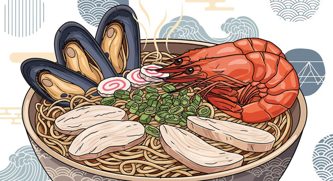 Delicious seafood noodle soup dish.