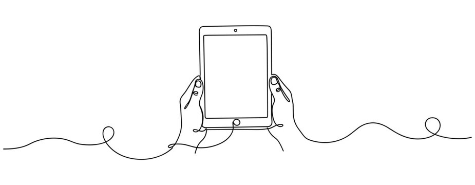 Hands holding tablet displaying blank screen on white background. No editable stroke