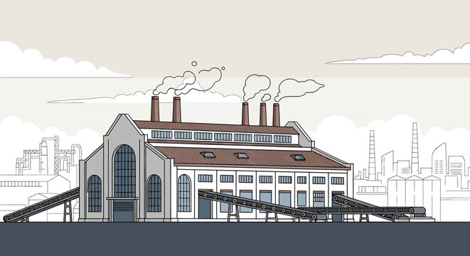 Industrial factory building with smokestacks.