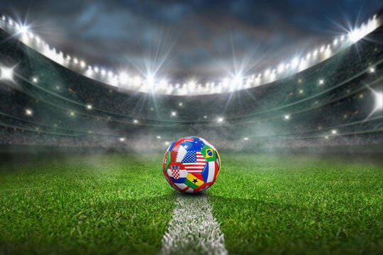 textured soccer game field with soccer ball covered with multiple national flags in neon fog. international match - center, midfield.