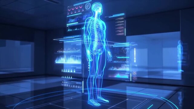 Futuristic Human Anatomy Hologram with Digital HUD in Medical Lab