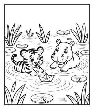Jungle animal tiger and hippo playing with paper boat coloring page for kids, black line art vector illustration for children's activity book design fun and education