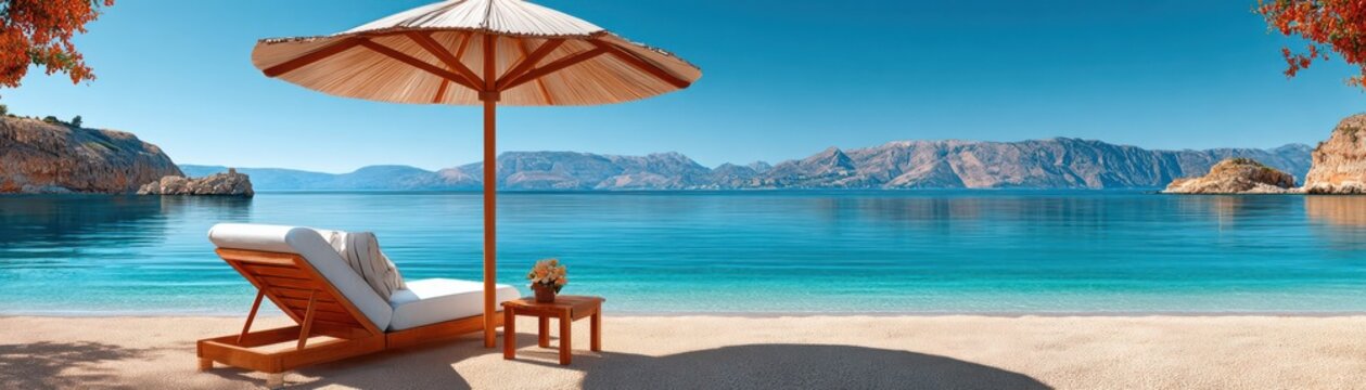 Straw umbrella and wooden lounger on a quiet Crete beach with turquoise Mediterranean sea