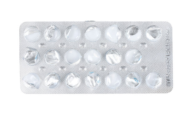 Empty tablet blister pack on transparent background. Used medical pill foil packaging for pharmacy or healthcare concept. Concept of finished medication course and health treatment.