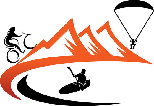 Dynamic outdoor adventure vector logo featuring mountain scenery combined with cycling, kayaking, and paragliding elements in a bold modern design suitable for tourism brands, adventure clubs, and ext