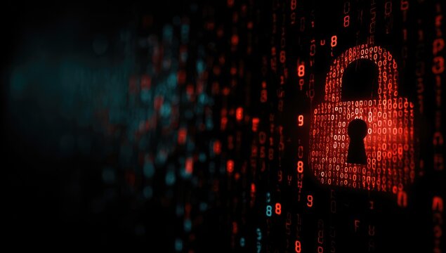 A red digital padlock overlaid on a matrix of falling digits, creating a cybersecurity visual against a dark background