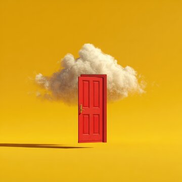 A red door partially obscured by a fluffy cloud against a vibrant yellow backdrop, suggesting surrealism or imagination