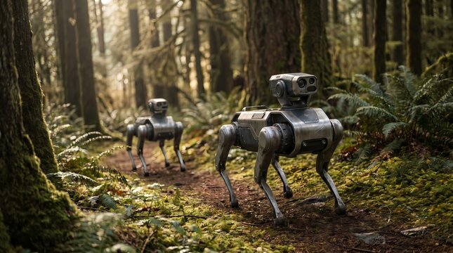 Two advanced robotic canine companions explore a lush temperate forest pathway surrounded by verdant foliage and tall trees on a bright day representing future technology and exploration in