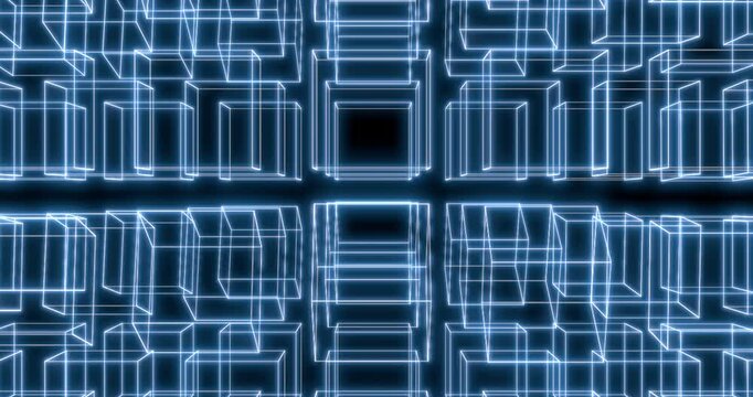 Abstract digital animation of glowing blue wireframe cubes forming a symmetrical tunnel pattern, evoking a futuristic cyberspace or virtual data environment.