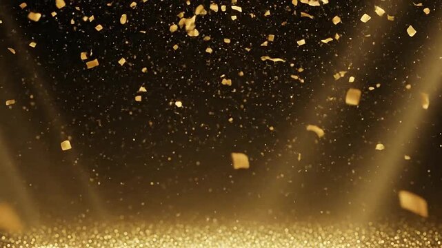 Golden confetti falls onto a shimmering surface under bright spotlights