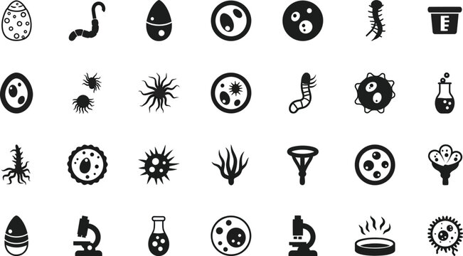 Microscopic pathogens and biological elements are represented through a set of circular cell structures, organisms, and laboratory instruments.