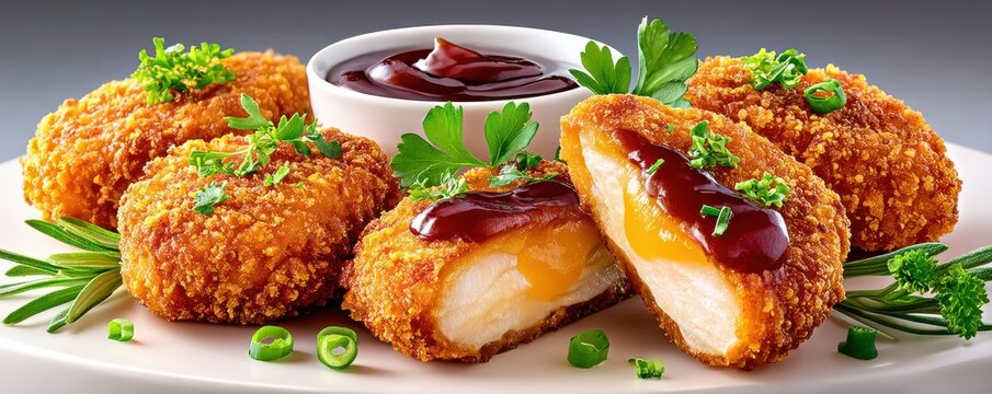 Crispy breaded chicken nuggets with melted cheese and barbecue dip on white plate