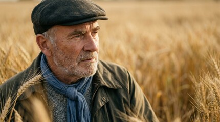 Fototapeta premium A smiling elderly man wearing a cap stands in a golden wheat field. Portrait of a farmer during the harvest. Concept of agriculture and rural life.
