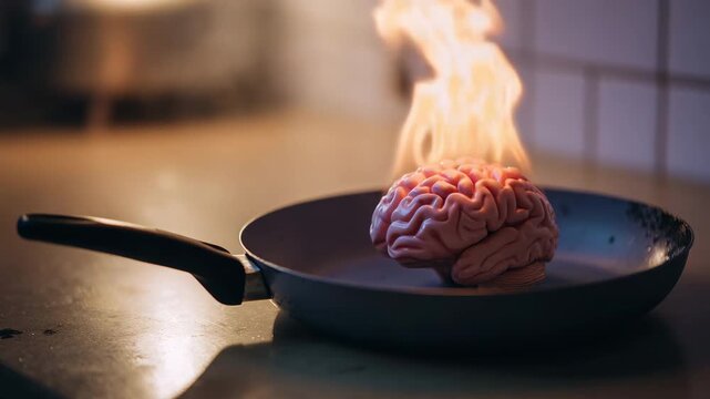 Human brain on fire inside a frying pan, symbolizing stress, burnout, overthinking, mental exhaustion