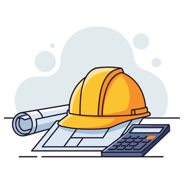 Construction helmet resting on blueprints with calculator nearby. non editable strokes