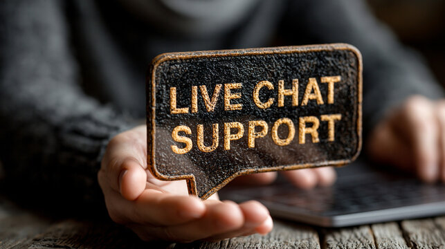 Person holding speech bubble icon with Live Chat Support text over laptop keyboard