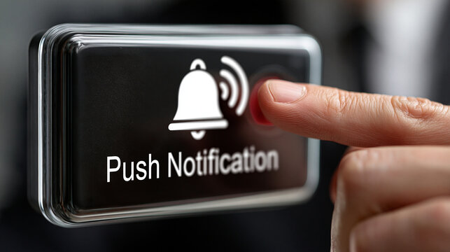 Person pressing a digital Push Notification button with a bell icon