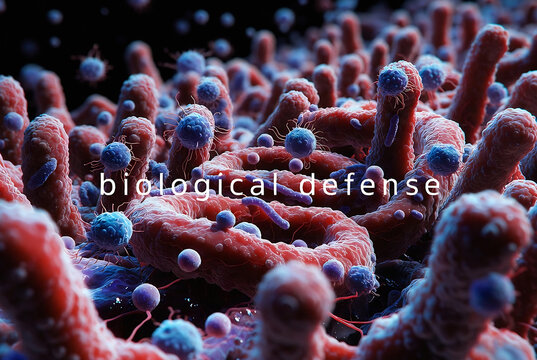 This image depicts a close-up of the human intestinal lining, showcasing a biological defense system with immune cells and bacteria.