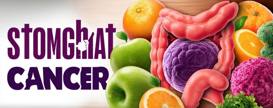Stomach cancer awareness concept with tumor illustration, colon anatomy and healthy fruits for prevention