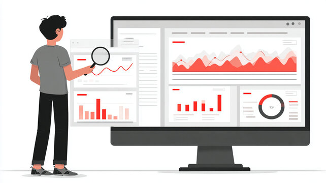 Person analyzing website traffic data on large computer screen, displaying various graphs and charts in red and gray tones, conveying sense of focus and analysis