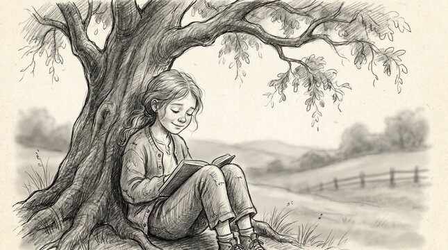Nostalgic sketch of girl reading book while sitting against tree in meadow.