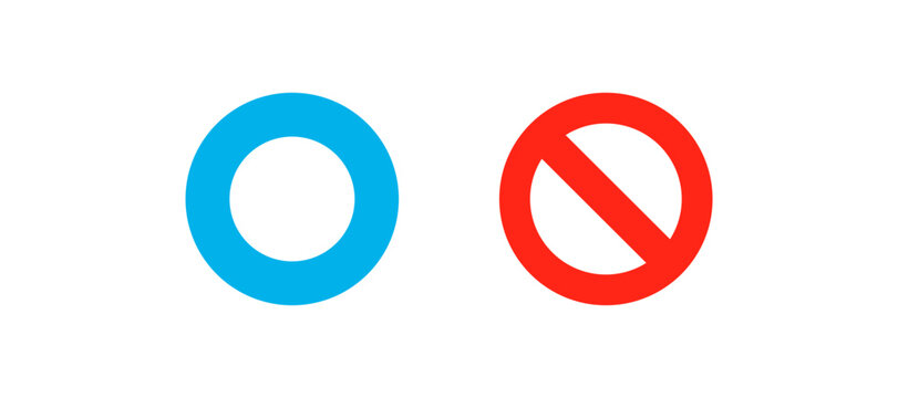 Circles featuring a plain blue ring and a red forbidden sign illustrate standard warning and confirmation symbols.