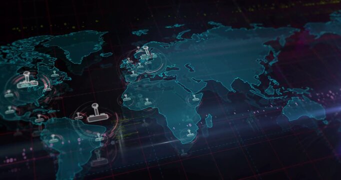 Joystick video game controller symbols over world map. Seamless looped technology concept.