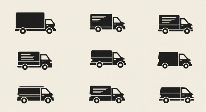 Collection of nine black truck icons on a light background.