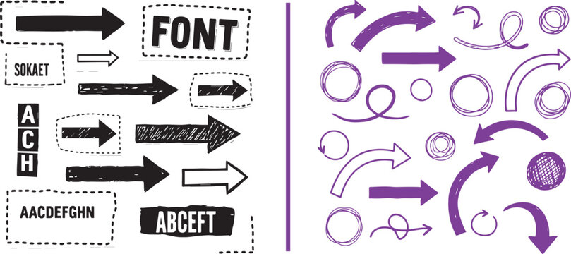 Hand-drawn arrow and text box vector set with sketchy doodles and marker strokes. Ideal for creative presentations and infographic design