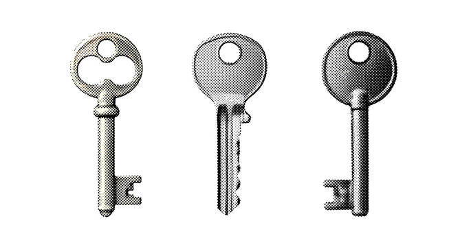 Three metal keys displayed side by side on white background. not ideal dots