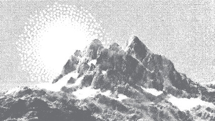 Obraz premium Vintage-style snowy hills, abstract dotted mountain range, pointillist grunge texture overlay, retro halftone, mounted landscape, vector illustration, retro art, scenic winter vector 