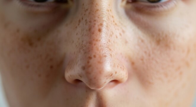 Close up of a persons nose showing pores and freckles.