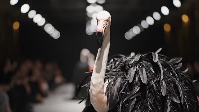 Avant-garde model on a fashion runway, showcasing a unique flamingo-ostrich costume with innovative design and theatrical flair. Highlighting creative expression, style, and event glamour.