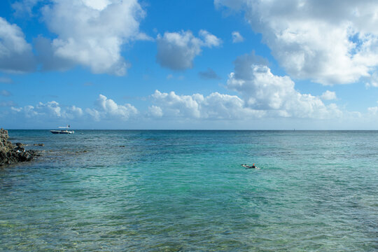 Littoral rocheux avec de la v&eacute;g&eacute;tation qui tombe dans la mer bleu turquoise o&ugrave; nage une femme en PMT &agrave; la pointe borgnese en Martinique dans la Cara&iuml;be, par une journ&eacute;e ensoleill&eacute;e avec un bateau
