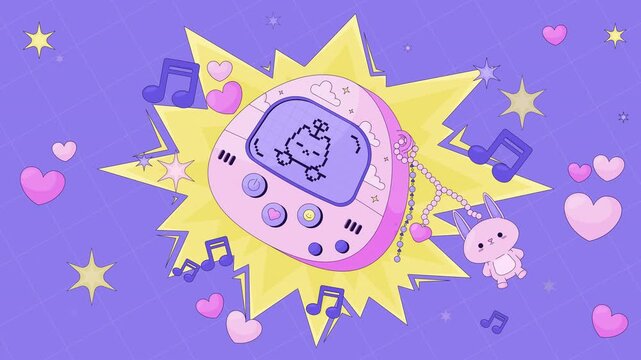 Cute Y2K virtual pet device lofi animation. 2000s digital toy with pixel cat and music. Kawaii gadget with charm. Lo Fi aesthetic animated background 4K video. Flat 2D cartoon nostalgic live wallpaper