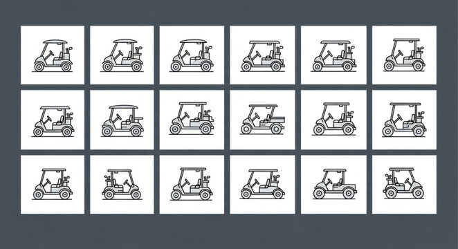 Collection of golf cart illustrations in various styles.