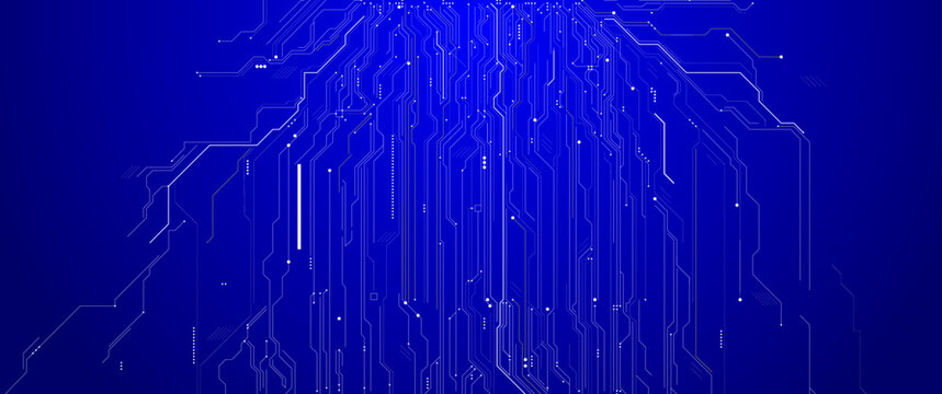 Dark blue circuit board background with glowing white digital pathways and copy space forming futuristic microchip network for cybersecurity and AI technology concept